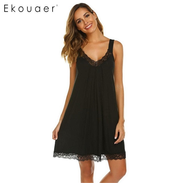 Ekouaer Sexy Lace Nightgown Women Summer Sleepwear V-Neck Slip Lounge Nightdress Ladies Lingerie Homewear Night Dress