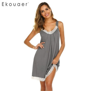 Ekouaer Sexy Lace Nightgown Women Summer Sleepwear V-Neck Slip Lounge Nightdress Ladies Lingerie Homewear Night Dress