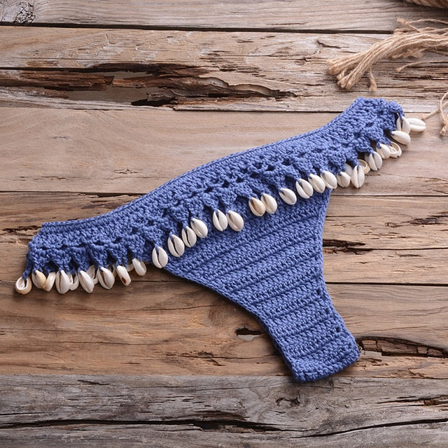 Women Shells Tassel Sexy Bikinis Knitted Crochet Swimsuit Women Swimwear Brazilian 2020 Summer Solid Bathing Suit Beachwear