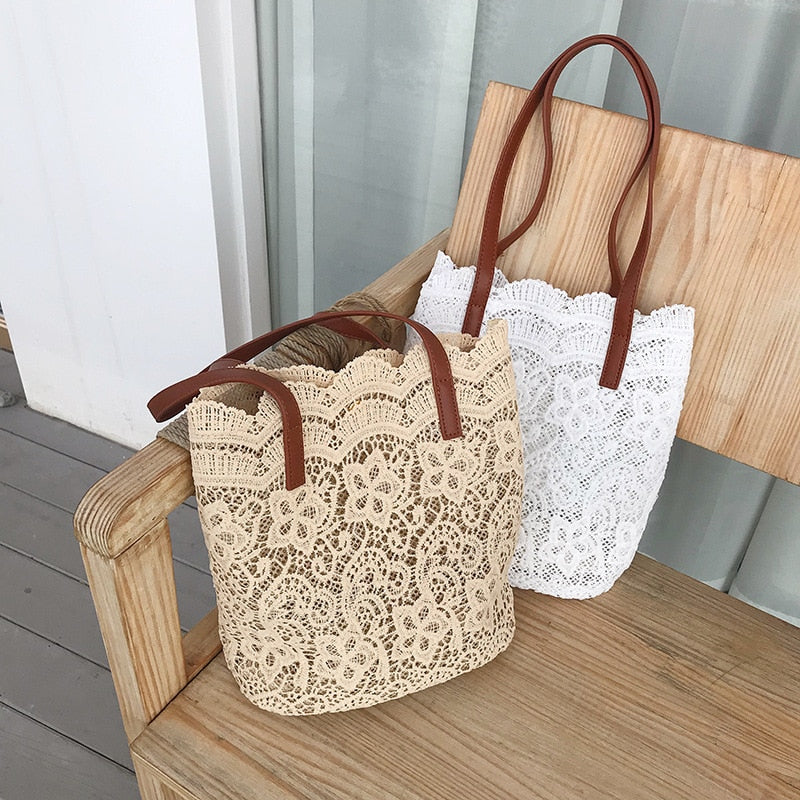 2020 new Summer 2 Pcs/Sets chic girl lace shoulder bag women Handbag female tote bags Big Capacity Foldable Travel Beach Bag