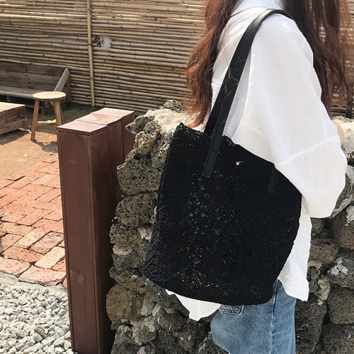 2020 new Summer 2 Pcs/Sets chic girl lace shoulder bag women Handbag female tote bags Big Capacity Foldable Travel Beach Bag