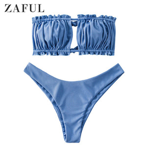ZAFUL Ribbed Tie Cutout Bandeau Bikini Swimsuit Sexy Strapless Ruched Cut Out Bikini Elastic High Cut High Leg Women Bikini Sets