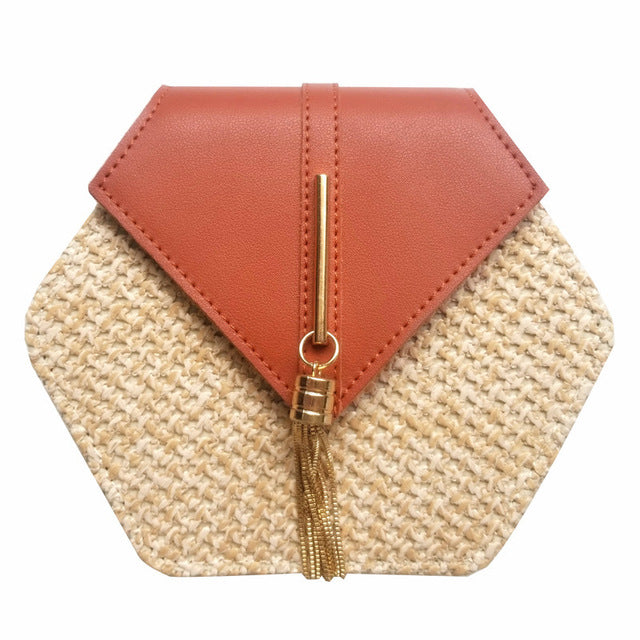 Hexágono estilo Mulit paja + bolso de cuero mujer verano ratán bolso hecho a mano tejido playa círculo Bohemia bolso de hombro nueva moda
